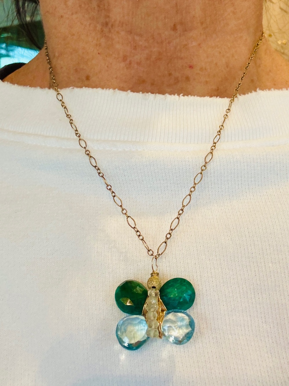 Natural Emerald and Blue Topaz Butterfly Necklace